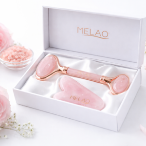 Kit Roller Facial y Gua Sha de Cuarzo Rosa MELAO – Masajeador Facial Natural para Rejuvenecer la Piel